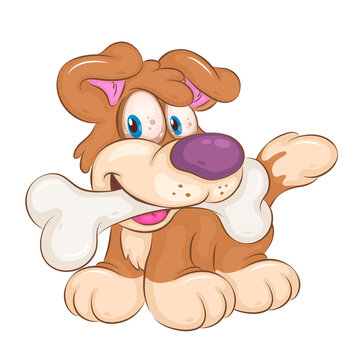 Cartoon Dog with Bone. Clipart. Cute cartoon dog holding a bone in his mouth. Unique design, Children's mascot.