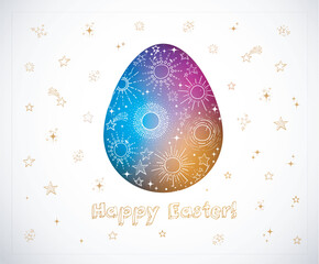 Easter greeting card with space elements in big egg. Vector illustration