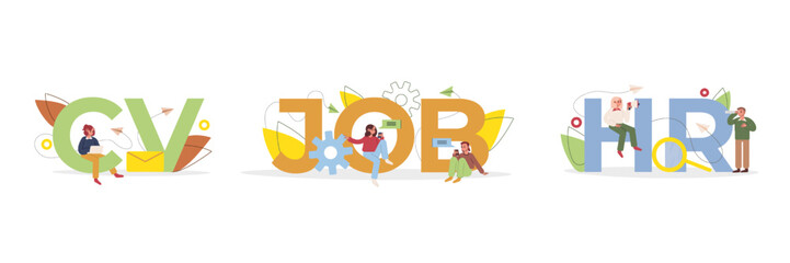 Set of cartoon characters working as headhunting business representatives. People working in recruitment agency. HR department managers hiring professional candidates for job. Vector