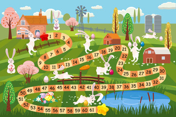 Easter board game for children with funny bunnys, egg hunt