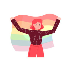 Cartoon character of woman with rainbow flag supporting lgbt. Youth participating in pride parade. Protest against violence and discrimination. Vector