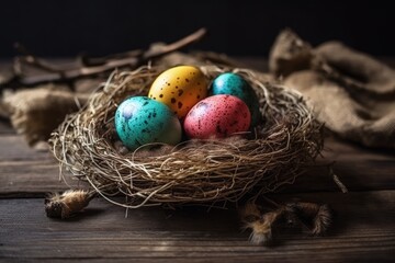 Fototapeta na wymiar bird's nest with vibrant eggs resting on a rustic wooden surface. Generative AI