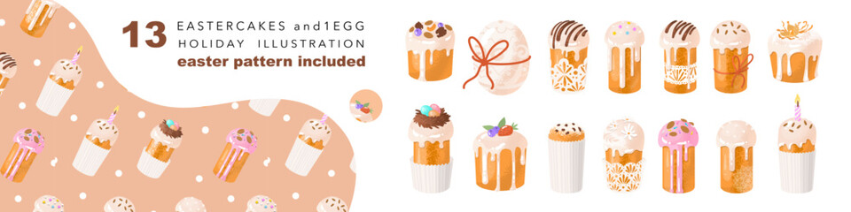 Original set of 13 unique Easter cakes. Unrepeatable design of each image, all objects are isolated from the background. Easter cake set. Celebration of Easter in April. Sweet pastries. Vector