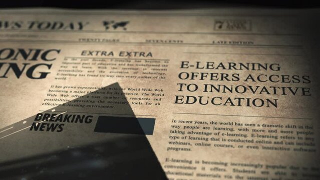 Slow pan animation above newspaper articles with e-learning topic