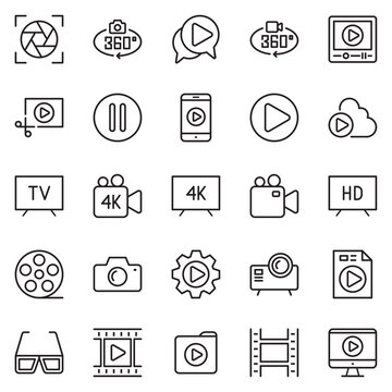set of 25 multimedia line icons. camera and video icons set. television, monitor, cinema, lens, picture, film, record, watch, album, signs, buttons, desktop, interface, photograph