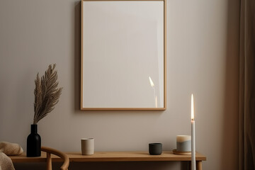 3D rendering landscape wooden frame mock up with copy space for artwork, photo, or print presentation with a warm and cozy background. generative AI