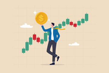 Stock market trader, technical analysis to buy and sell stock to earn profit, investment or wealth management, trend following concept, businessman trader hold money dollar coin with chart and graph. - obrazy, fototapety, plakaty