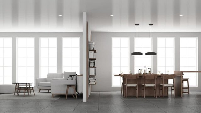 interior apartment minimalist style in the living dining  bedroom. using wood material and light gray cloth on concrete tile floor and corridor walkways with large windows. 3d render animation looped