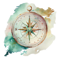 Watercolor clipart of a Maps and compass. Transparent background. Generative AI