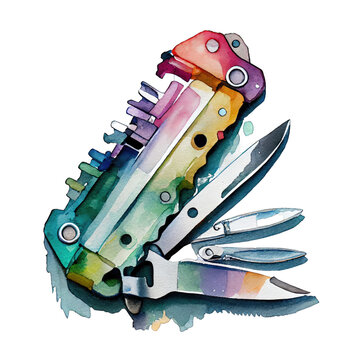 recommend clip art: Watercolor clipart of a Multi-tool or pocket knife. Transparent background. Generative AI
