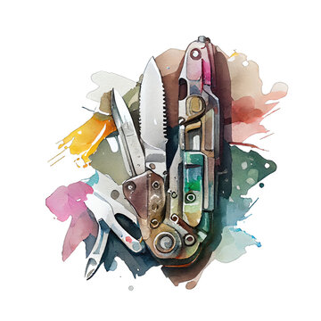 recommend clip art: Watercolor clipart of a Multi-tool or pocket knife. Transparent background. Generative AI