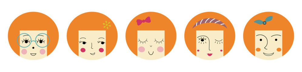 Feminine look, abstract personage, mascot design, funny face, cute icon.