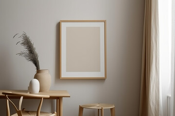 3D rendering landscape wooden frame mock up with copy space for artwork, photo, or print presentation with a warm and cozy background. generative AI