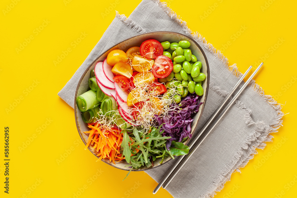 Wall mural buddha bowl. cucumber, carrot, arugula, red cabbage, edamame beans and sesame seeds. the concept of 