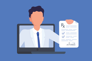 Virtual Pharmacist or Doctor giving the prescription through laptop screen. Medic`s hand holding rx or recipe. Online pharmacy, internet consultation. Distance medicine, smart medical assistance