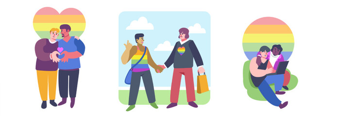 Set of cartoon characters of homosexual couples together. Pride parade against violence and discrimination. Showing support for lgbt community. Vector