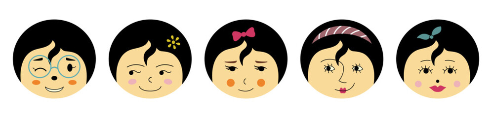 Feminine look, abstract personage, mascot design, funny face, cute icon.