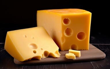 Piece of cheese on the board. Generative AI technology.	