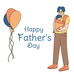 Happy Father s day greeting card. Dad carries his daughter in his arms Cheerful cartoon characters. Vector illustration