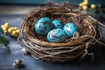 Fototapeta na wymiar nest with three blue eggs resting on a wooden table. Generative AI