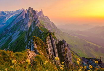 Schaeffler mountain ridge swiss Alpstein, Appenzell Switzerland, a ridge of the majestic Schaeffler...