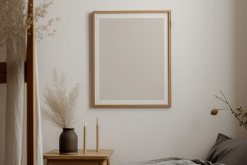 Wooden frame leaning on the warm and cozy background in the interior mockup. Template of a picture frame on a wall 3D rendering, generative AI.