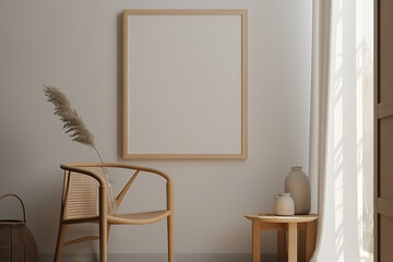 Wooden frame leaning on the warm and cozy background in the interior mockup. Template of a picture frame on a wall 3D rendering, generative AI.