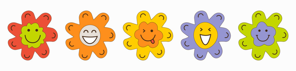 Smiling flower, abstract personage, mascot design, funny face, cute icon.