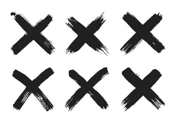 Obraz premium Dirty grunge hand drawn with brush strokes cross x vector illustration icon set. Cross mark wrong symbol graphic design collection. Check mark symbol NO button for vote in check box, web, etc.