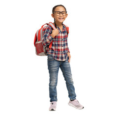 School girl, Happy smiling Asian student school kid wear glasses with carry a bag, Full body portrait isolated on white and transparent background
