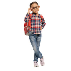 School girl, Happy smiling Asian student school kid hands holding glasses with carry a bag, Full body portrait isolated on white and transparent background