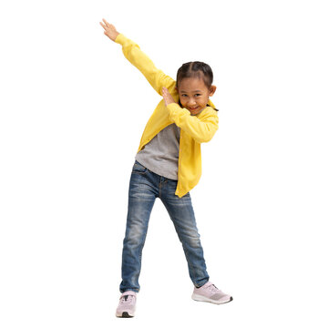 School girl, Happy Asian student school kid hand dancing super hero, Full body portrait isolated on white and transparent background