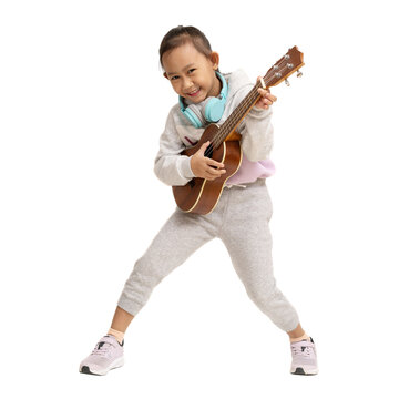 School girl, Happy smiling Asian student school kid hand holding guitar ukulele, Full body portrait isolated on white and transparent background