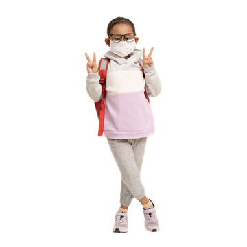 School Girl, Happy Asian Student Wearing Medical Face Mask With Hand Is Show Two Finger Symbols Of Peace Strength Fight, Victory Symbol, Full Body Portrait Isolated On White And Transparent Background