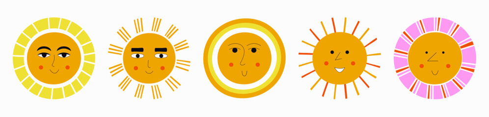 Smiling sun, abstract personage, mascot design, funny face, cute icon.