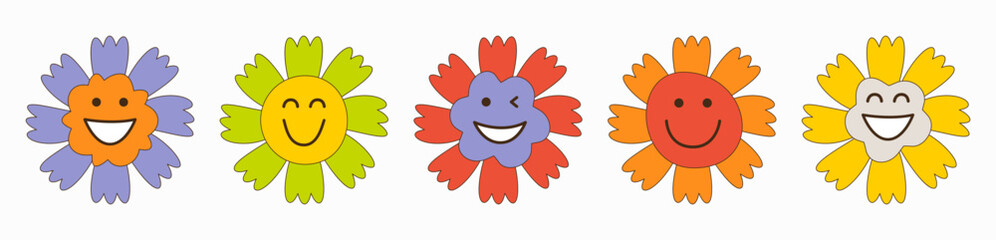 Smiling flower, abstract personage, mascot design, funny face, cute icon.