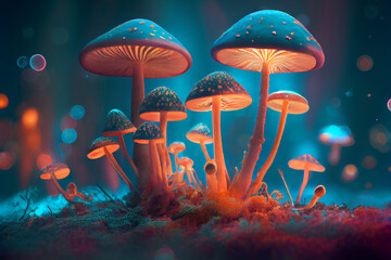 Fototapeta na wymiar Fantasy glowing neon magic fungus mushrooms on dark background. Illustration