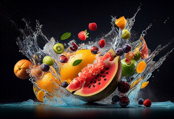 Fototapeta na wymiar Assortment of fresh fruits and water splashes on panoramic background. Generative AI