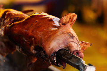Whole pig spit roasted on traditional festival in Serbia