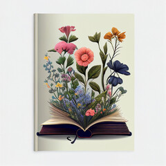 Open book and flowers illustration. AI generated.
