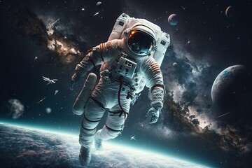 Fototapeta na wymiar An astronaut floating in space, with the Earth and stars in the background