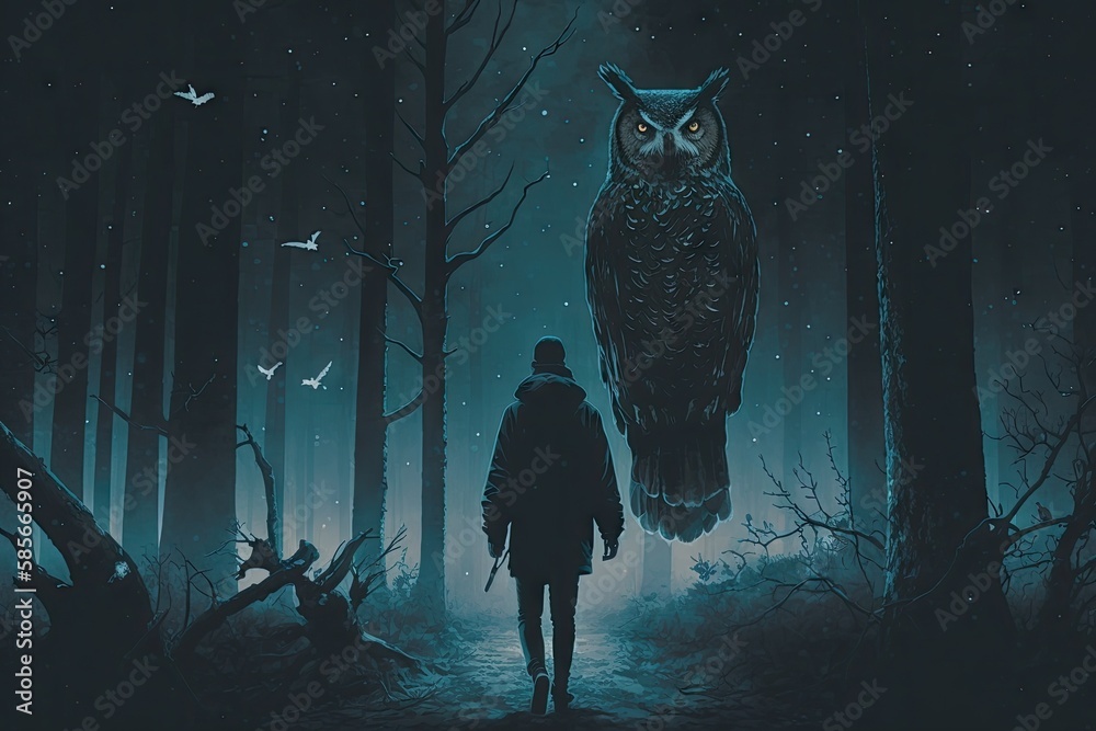 Poster person, walking through night forest, with owl perched on tree branch in the background, created with generative ai