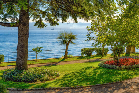 Beautiful public park in old town of Lovran at Kvarner gulf in Adriatic sea.