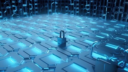 Obraz premium Cyber security concept with closed padlock on hexagons background 3D rendering.generative Ai