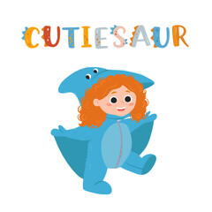 Fototapeta premium Little girl dressed in jumpsuit kigurumi in form of pterodactyl. Girl in dinosaur or dragon costume with hood and tail. Cozy tyrannosaurus pajamas. Cartoon flat vector illustration in doodle style