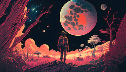 Lost astronaut in Jupiter, epic scene, displaying in the background the moon and other planets and stars. Generative AI