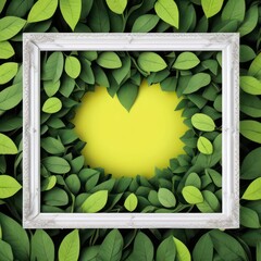 frame with green leaves, 	
A frame with a heart shape in the middle of it