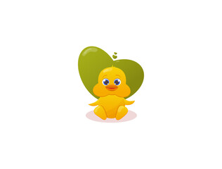 Cute duckling character on the background of the heart
