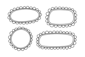 Doodle circle and square scalloped frames. Hand drawn scalloped edge rectangle and ellipse shapes. Simple label form. Flower silhouette lace frame. Vector illustration isolated on white background.
