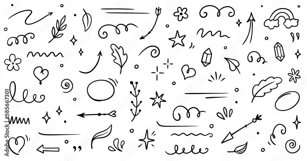 Aufkleber Sketch element line set. Abstract nature element decoration graphic icon set. Sketch hand drawn line element for brush, abstract decoration design. Vector illustration